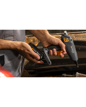 Steinel MobileGlue 3011 Cordless Hot Glue Gun being used and Battery slid out